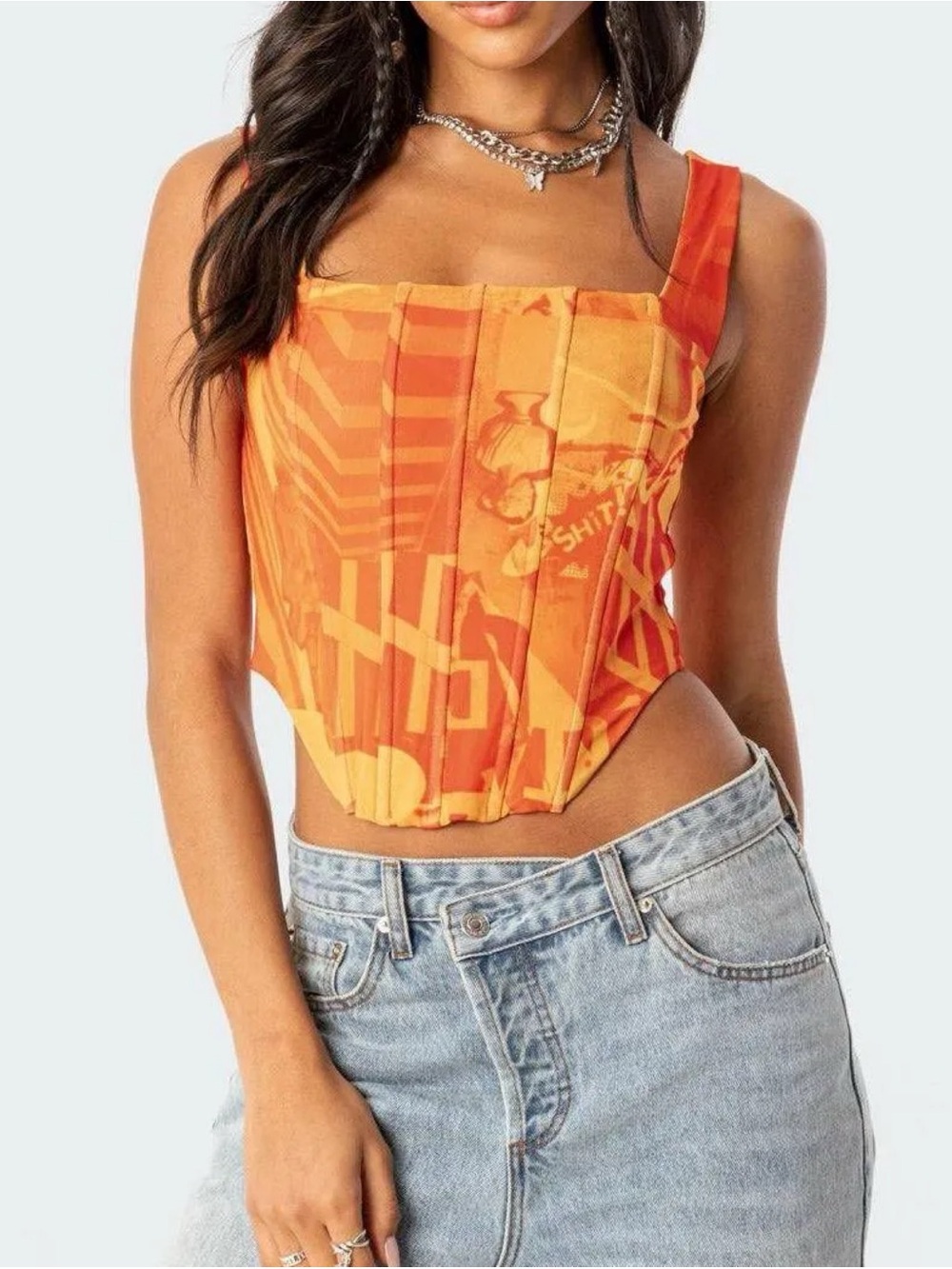 Edikted mesh graphic-print corset top, size S